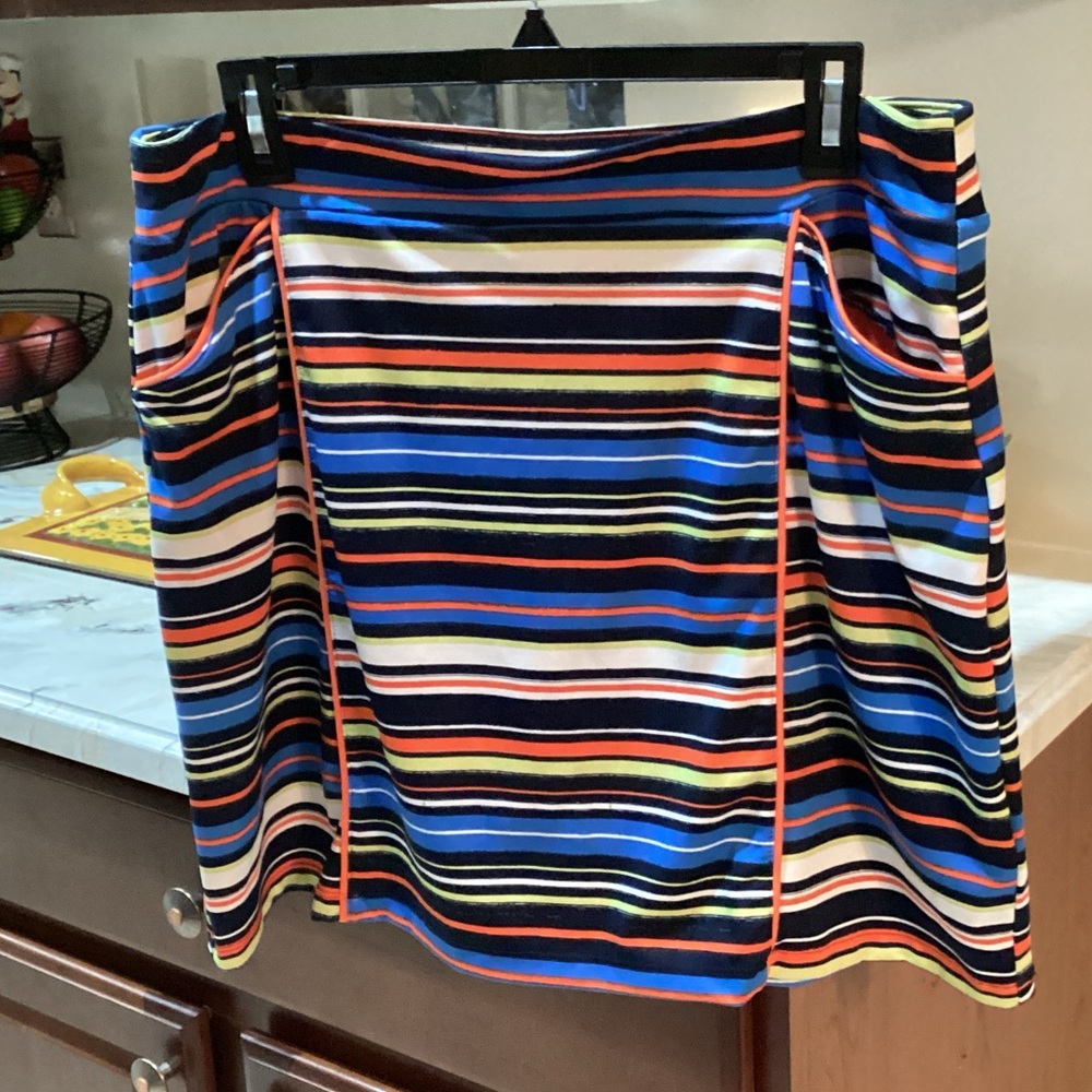 Ruby Rd. Multi-Stripe Golf Skirt in Blue, Black, White & Orange